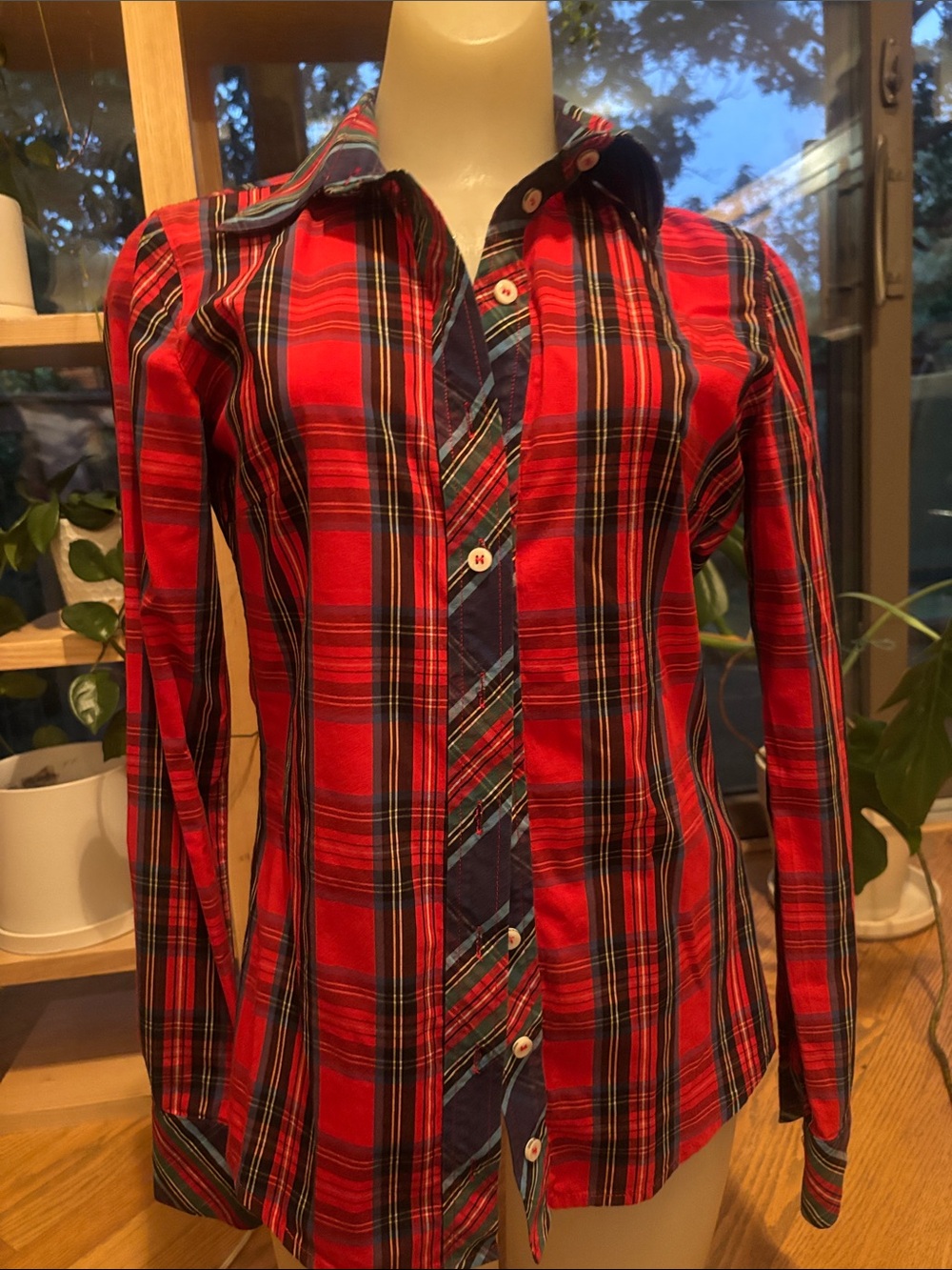 Women’s Red Plaid Long-Sleeve Button-Down Shirt size S Denny Rose